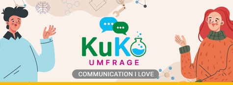Werbebanner zur KuKo-Umfrage 2026. Zwei Personen im Gespräch, Schriftzug „Communication I Love