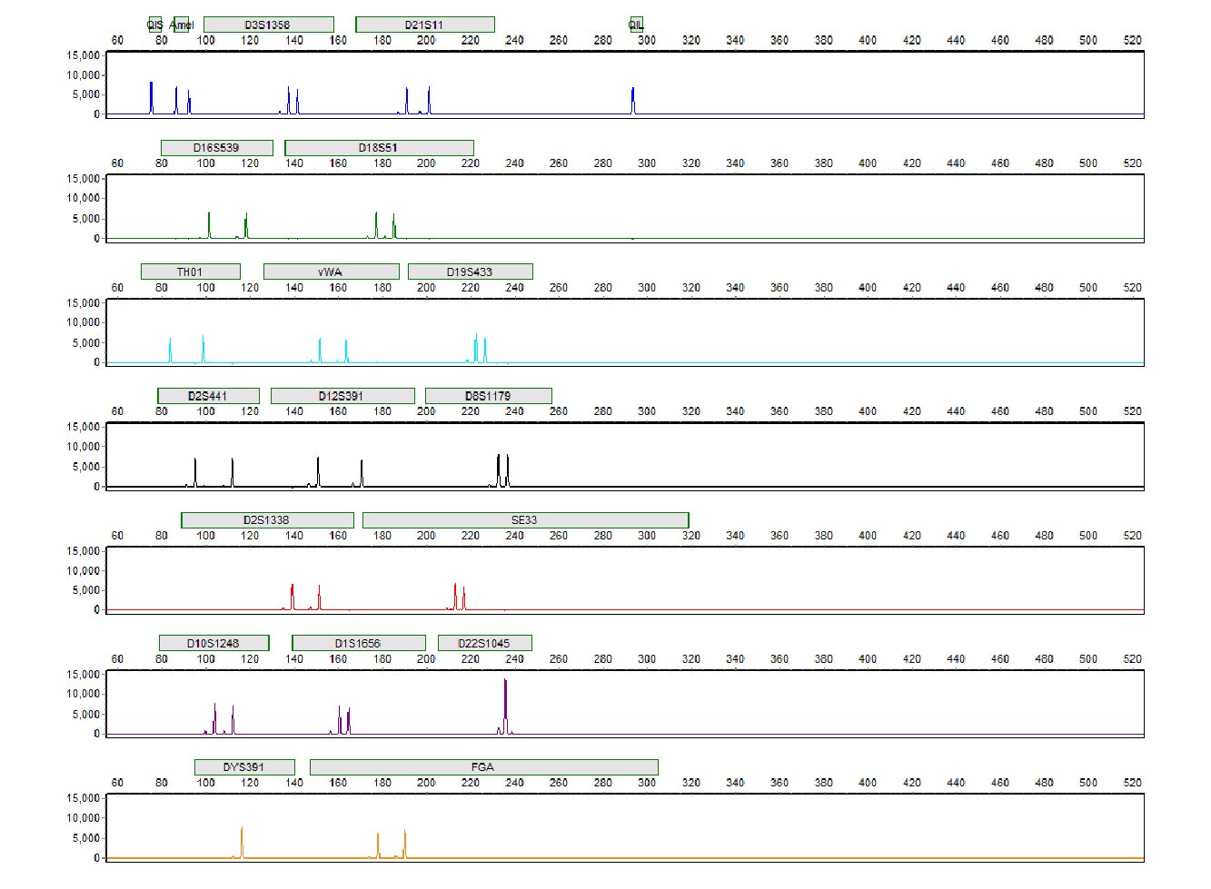 PowerPlex® 18E profile of 0.5ng 2800M Control DNA amplified for 30 cycles in 25μl reactions. Electrophoresis performed on the Spectrum CE System.